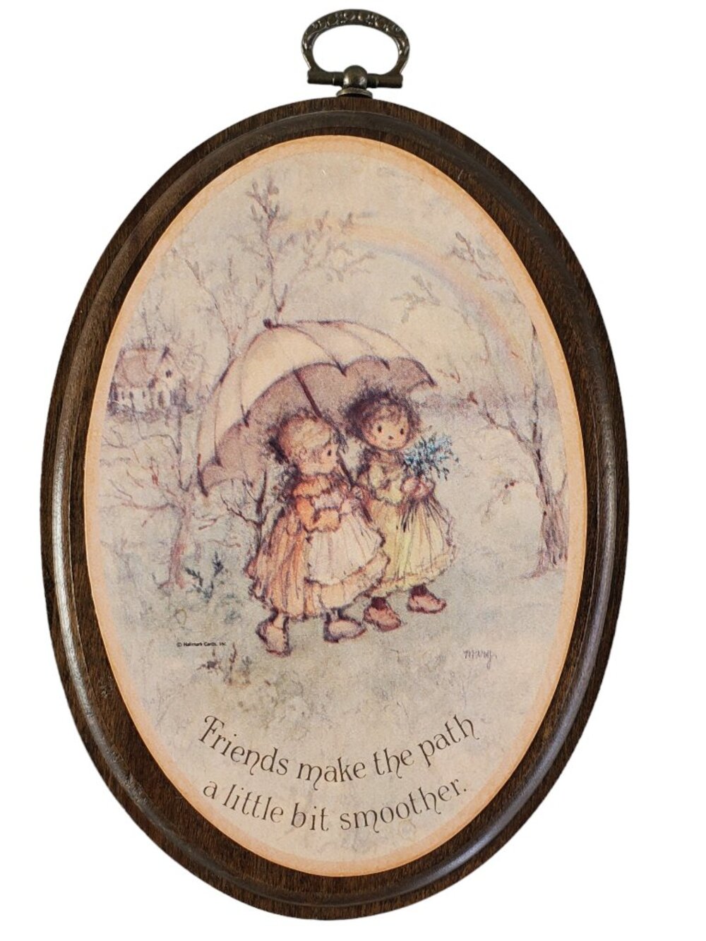 VTG Hallmark Oval Wood Wall Plaque Friends Girls Umbrella Rainbow Mary Hamilton